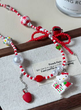 2026新款童趣小猫蝴蝶结项链彩色串珠苹果颈链锁骨链甜美可爱配饰