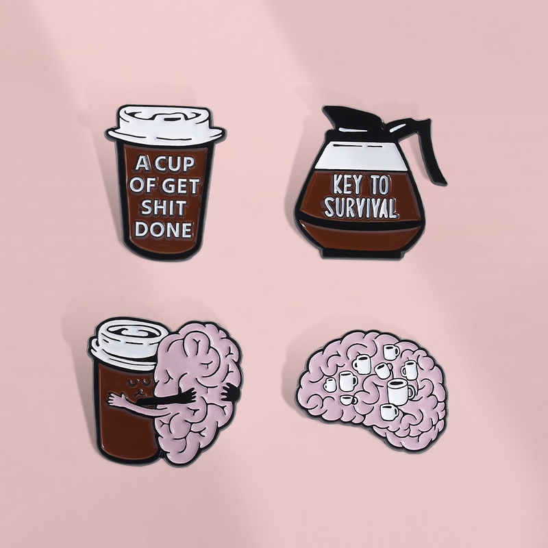 咖啡创意造型可爱大脑咖啡短语胸针金属徽章个性衣服配饰扣针勋章