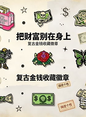 复古金钱元素胸针 搞怪钞票玫瑰卡通金属徽章背包别针配饰