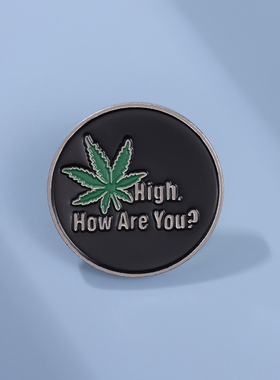 How Are Youz黑色圆形叶子胸针英文字母金属徽章别针配饰挂件勋章