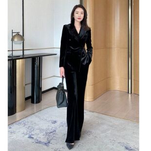 大码女装金丝绒职业西装套装秋冬胖mm气质显高瘦喇叭裤干练两件套