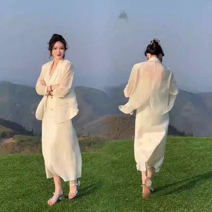 大码仿醋酸缎面西装套装女胖MM夏韩版薄款长袖防晒服吊带裙两件套