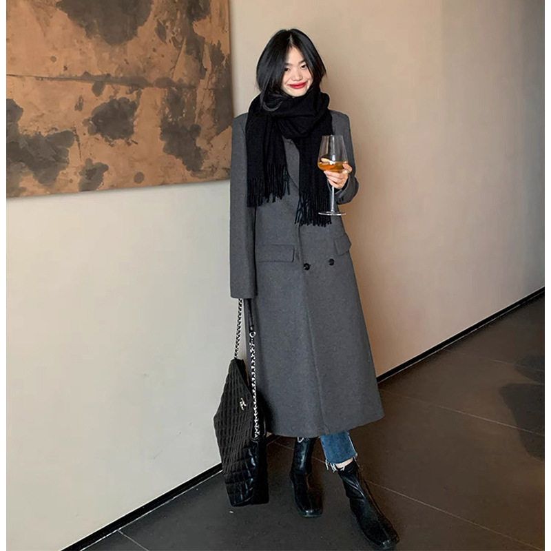 大码黑色毛呢外套女胖mm秋冬装高级感200斤气质显瘦长款呢子大衣