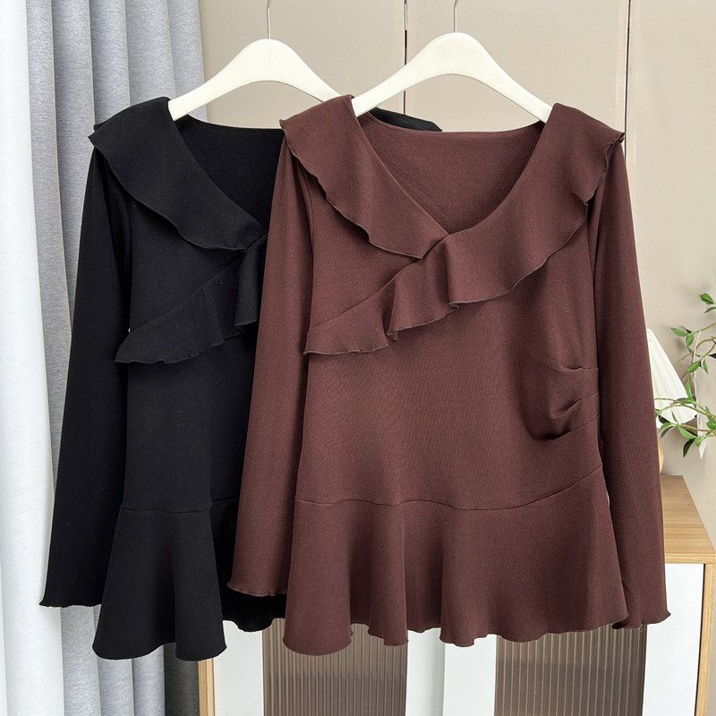 大码女装韩版秋冬胖mm气质设计感双面绒荷叶边V领长袖T恤内搭上衣