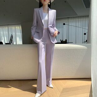 大码女装浅紫色西装套装女胖mm春秋新款显瘦职业西服微喇裤两件套