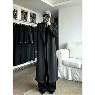 秋冬新款大码毛呢外套黑灰色大衣女胖mm高级感长款过膝茧型双排扣