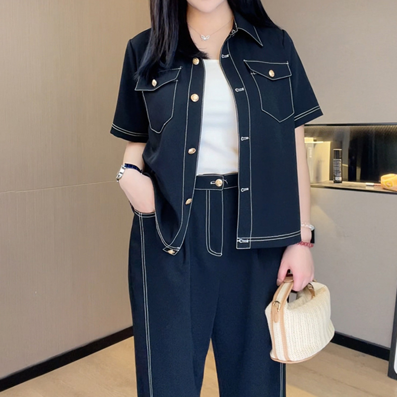 大码时尚套装女夏装胖mm高级感遮肉显瘦短袖衬衫裤子两件套200斤