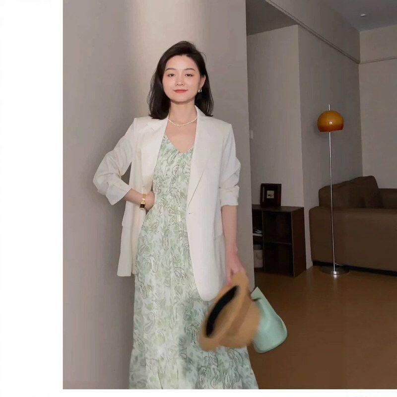 大码微胖小西装碎花吊带裙两件套