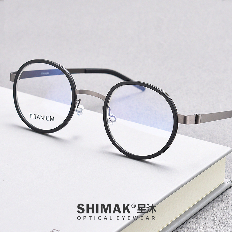 超轻林德圆形钛合金商务titan黑框眼镜框男大脸可配近视镜片9707