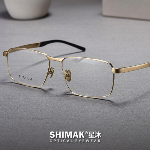 SHIMAK男款商务纯钛金色方形眼镜