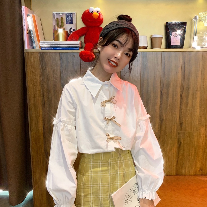 Real shot real price ~ Korean temperament bow ribbon solid color bottom top with shirt and student top