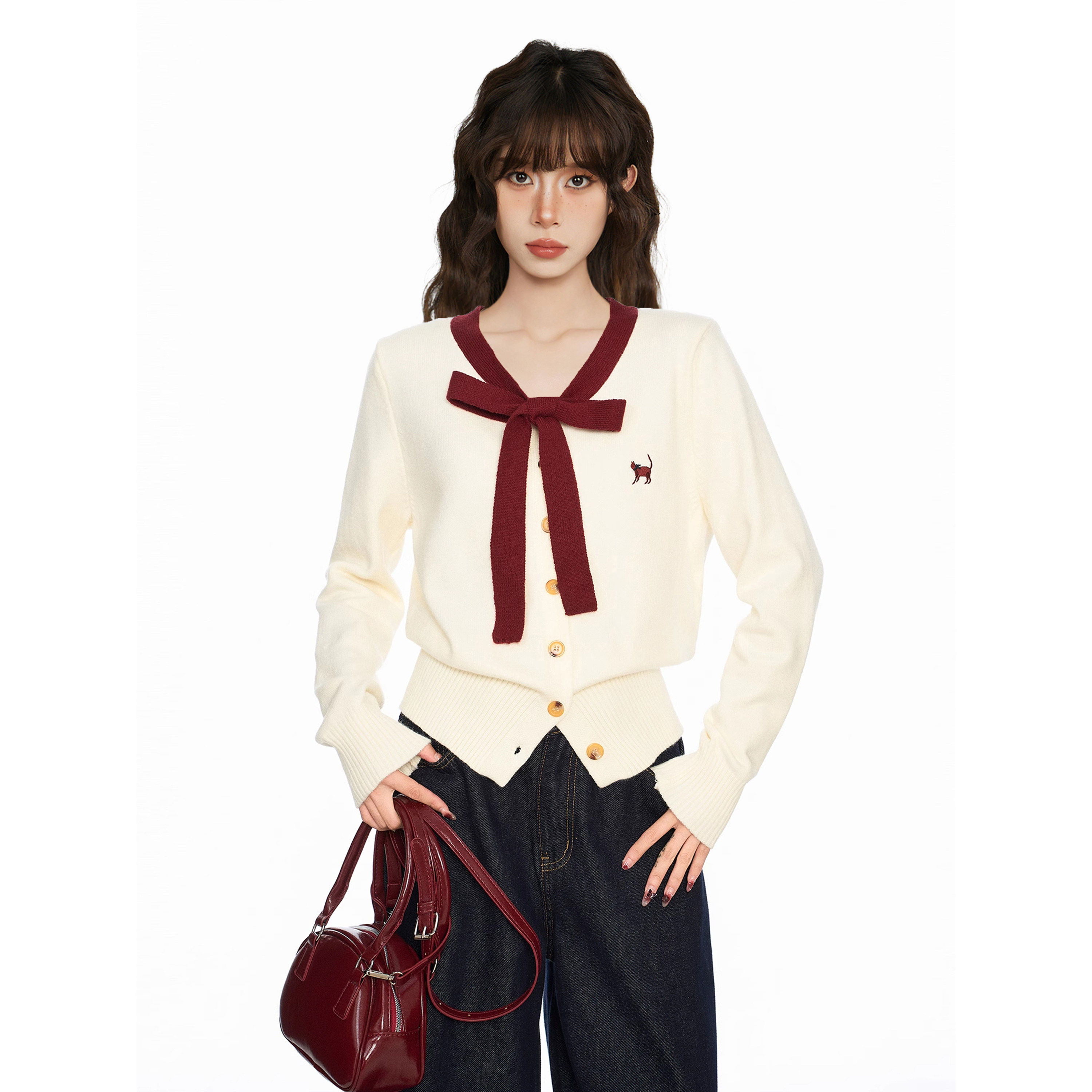 杏色v领蝴蝶结针织开衫女早春春秋收腰短款羊毛毛衣外套新年上衣