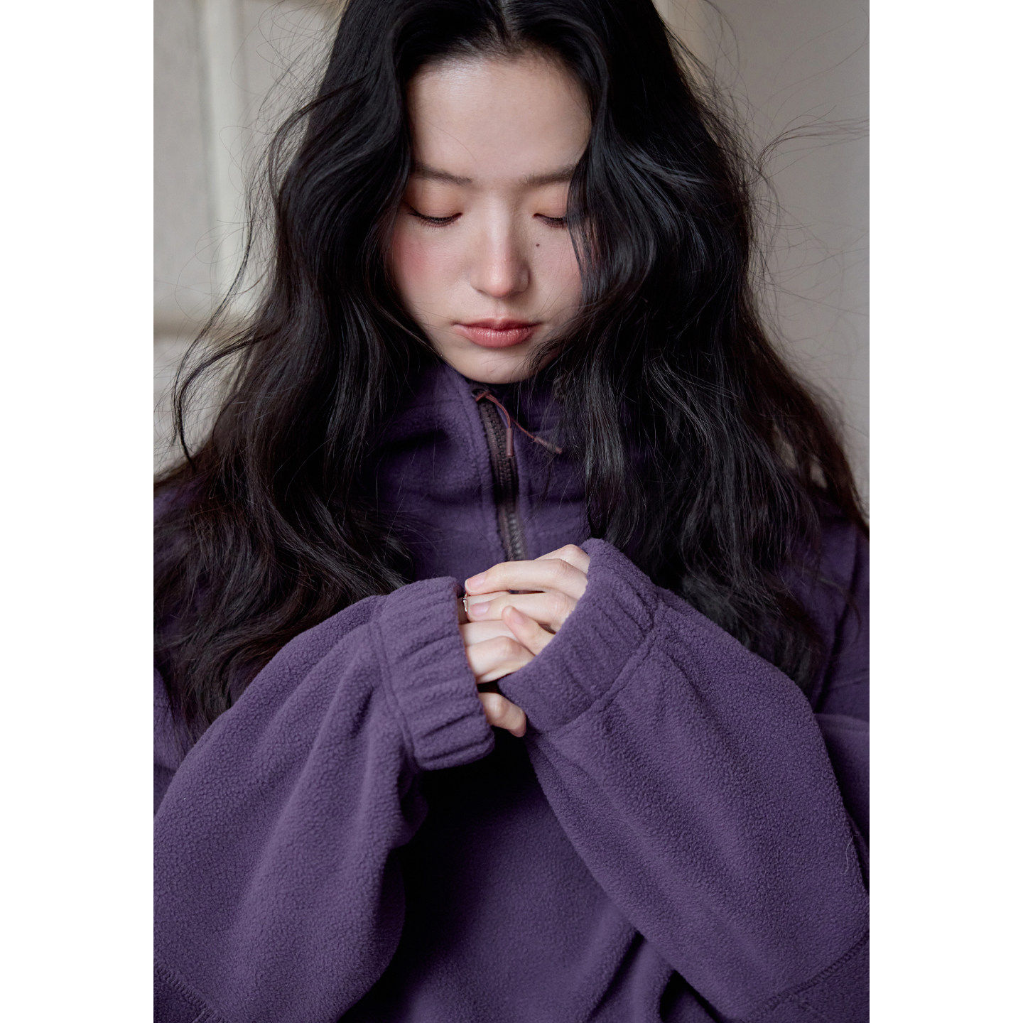 1313显白温柔葡萄紫~半拉链立领抽绳套头卫衣外套春女宽松连帽衫