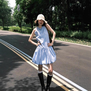 法式甜美风蓝色花苞连衣裙女夏季新款小个子气质收腰蓬蓬短裙子