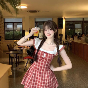 小个子百搭短裙女夏季新款红格子少女感显瘦气质甜美飞飞袖连衣裙