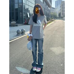 美式街头风中低腰直筒微喇牛仔裤女春秋修身显瘦做旧休闲窄版裤子