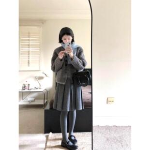 灰色毛呢半身裙女大码胖mm遮肚显瘦a字短裙学院风小个子百褶中裙