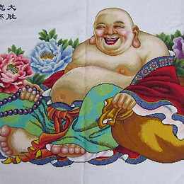 绣好的纯手工十字绣成品弥勒佛笑口常开大肚佛牡丹富贵版机绣大幅
