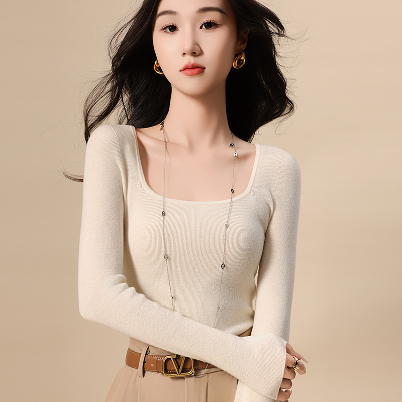 可机洗扬子纱方领羊毛打底衫女