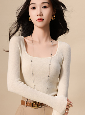2025春秋新款 无缝一体140S扬子纱羊毛打底衫女方领针织上衣内搭
