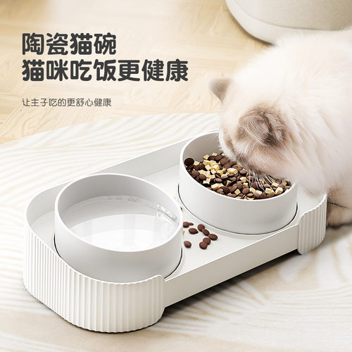 跨境简约宠物碗猫粮双碗喂食喂水猫咪陶瓷碗防打翻护颈猫碗批发