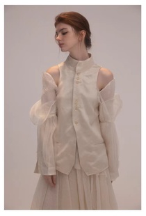 CHEN PARTOU 露肩外套 米黄真丝欧根纱花瓣袖 JAGEE