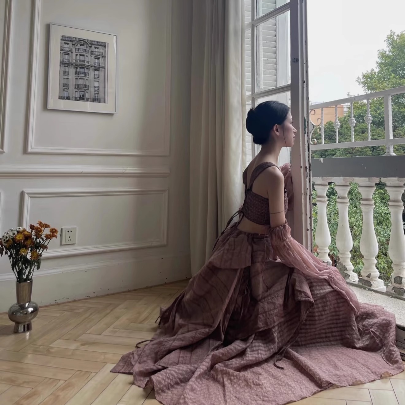 ISAEI枯木玫瑰色立裁连衣裙