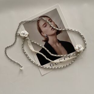 小香风复古腰链配饰西装腰带女珍珠链条山茶花装饰腰饰ins潮皮带