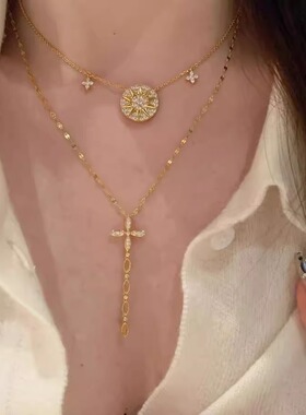 欧美跨境十字架吊坠项链太阳罗盘星芒颈链小众叠戴锁骨链小众叠戴