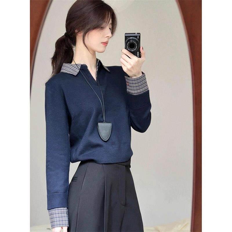 学院风藏蓝色领针织衫女春秋短款毛衣打底衫内搭翻领长袖上衣