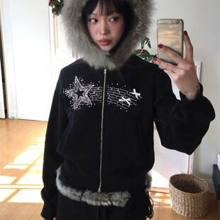现货千禧风辣妹毛领烫钻秋冬女双头拉链外套百搭连帽卫衣上衣