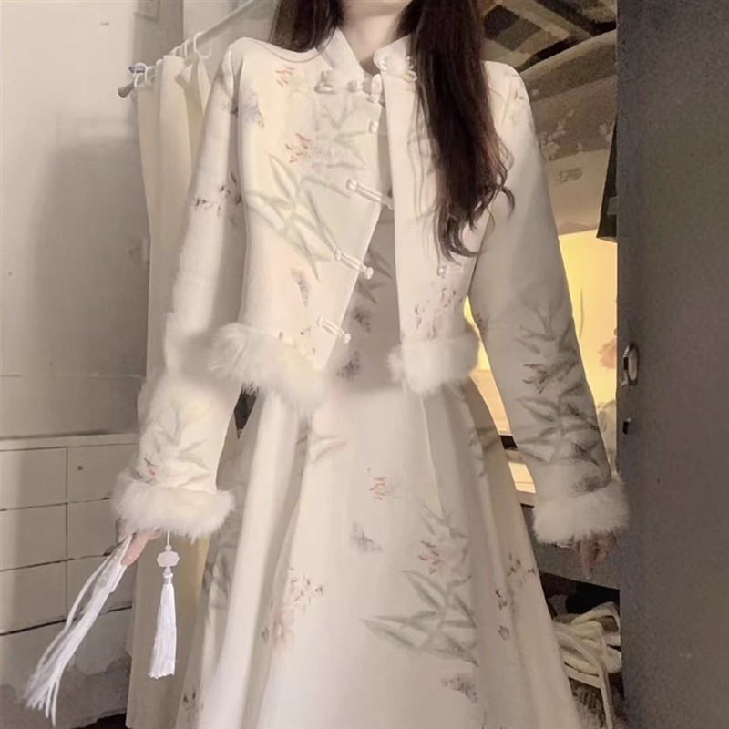 新中式复古套装裙2025秋冬加厚保暖高级感外套连衣裙气质两件装裙