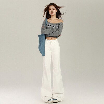 白色不贴腿微喇牛仔裤女秋冬季新款低腰显瘦弹力百搭马蹄拖地裤子