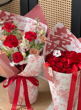 结婚双喜红色繁花包装纸欧式鲜花复古花艺午后花束红茶印花包花纸