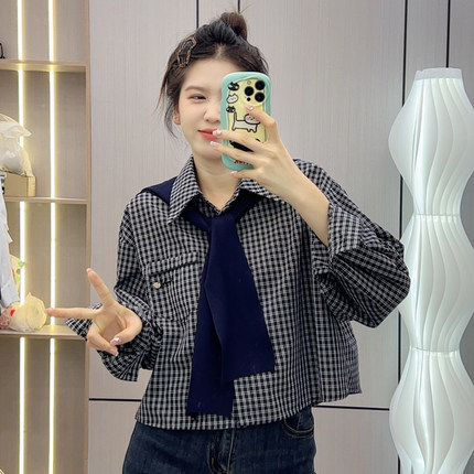 7617 GY【真两件】早秋新款潮流气质时尚带披肩格子衬衫