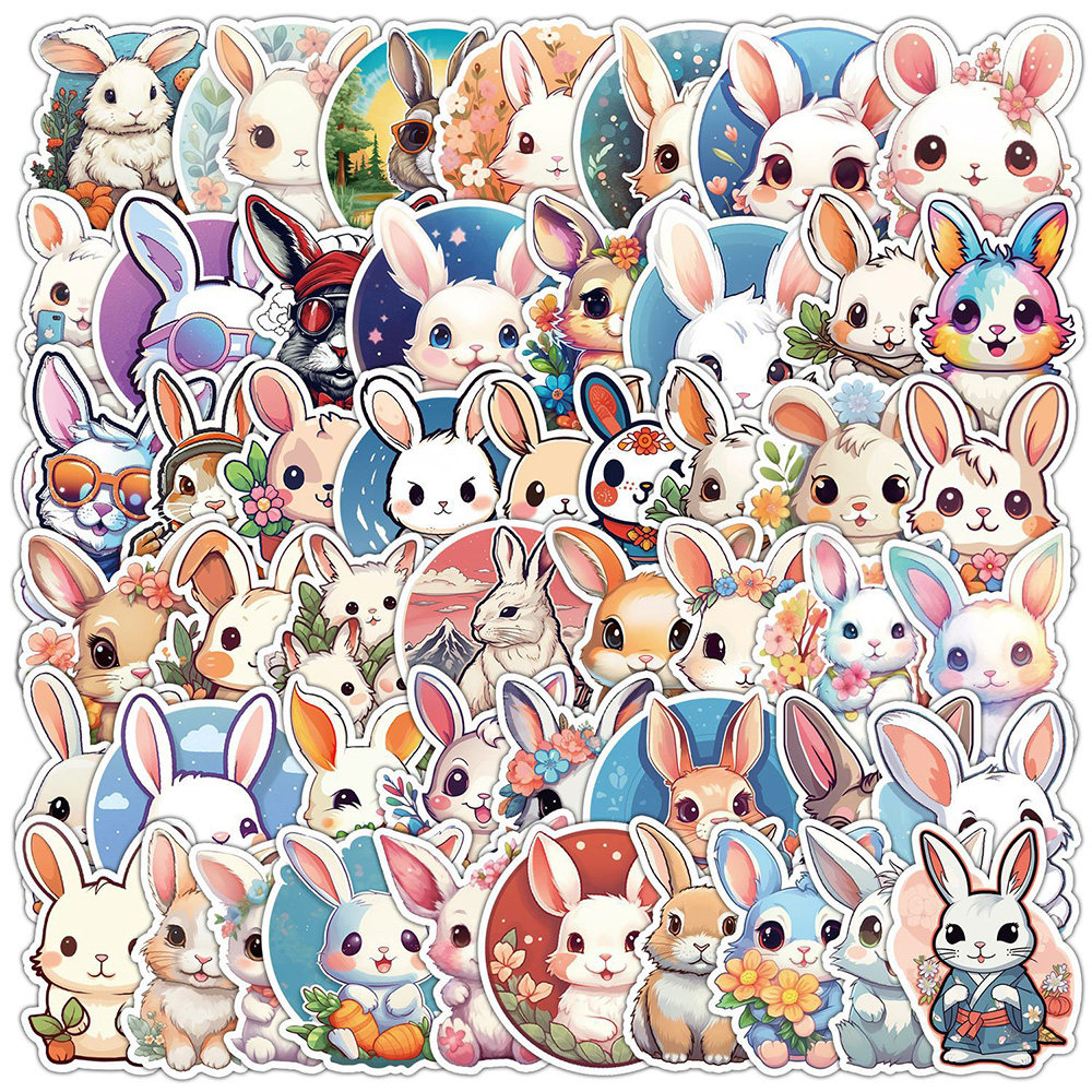 50张Ins可爱萌宠水彩兔子贴纸超萌兔兔笔记本电脑手机壳贴画装饰