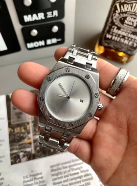 无标大帝 方形手表男款设计高级感银色钢带日历极简风学生石英表