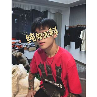 220克重磅潮牌玫红色三只黑狗短袖 T恤男女设计感小众情侣上衣