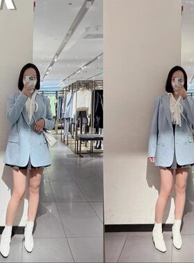 包邮 剪R随便穿都能cp出众显时尚气质！韩系通勤浅蓝廓形单西外套