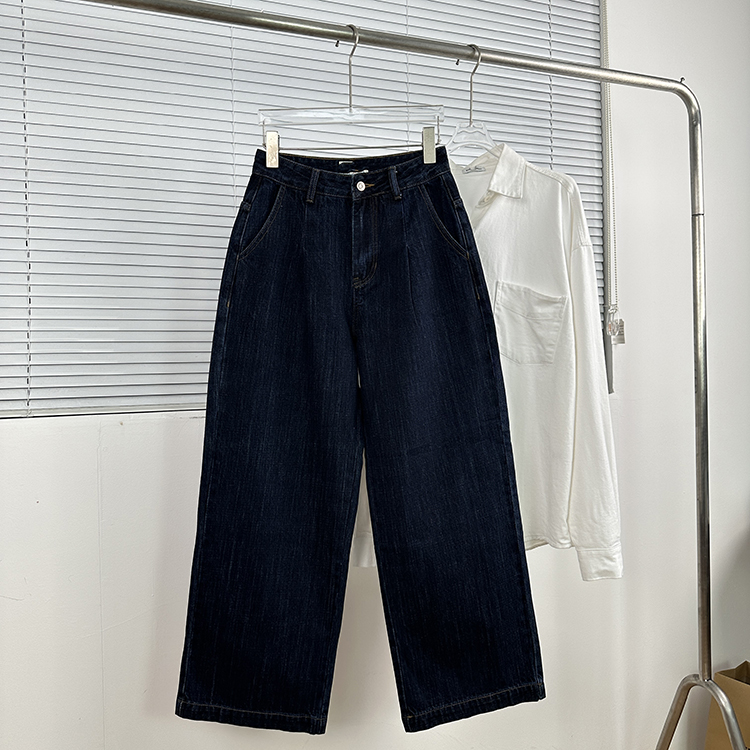 Ma*登 蛮有日系复古调调直筒裤 春秋休闲百搭蓝染水洗皱褶牛仔裤