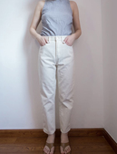 包邮 试衣剪 白色九分窄口直筒裤 韩版 休闲百搭水洗高腰哈伦牛仔裤