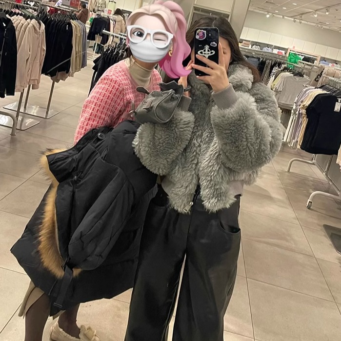 包邮 剪R毛茸茸仿羊羔绒蓬松皮草 韩系时尚简约style拉链短款外套