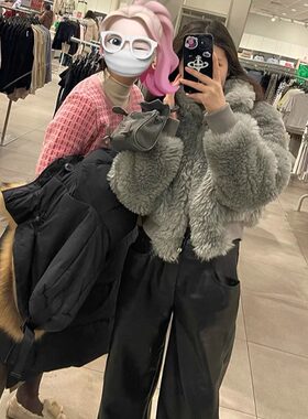 包邮 剪R毛茸茸仿羊羔绒蓬松皮草 韩系时尚简约style拉链短款外套