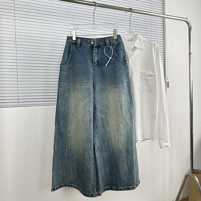 中山大厂货 扎花水洗工艺chao赞！复古高街大阔腿无弹高腰牛仔裤