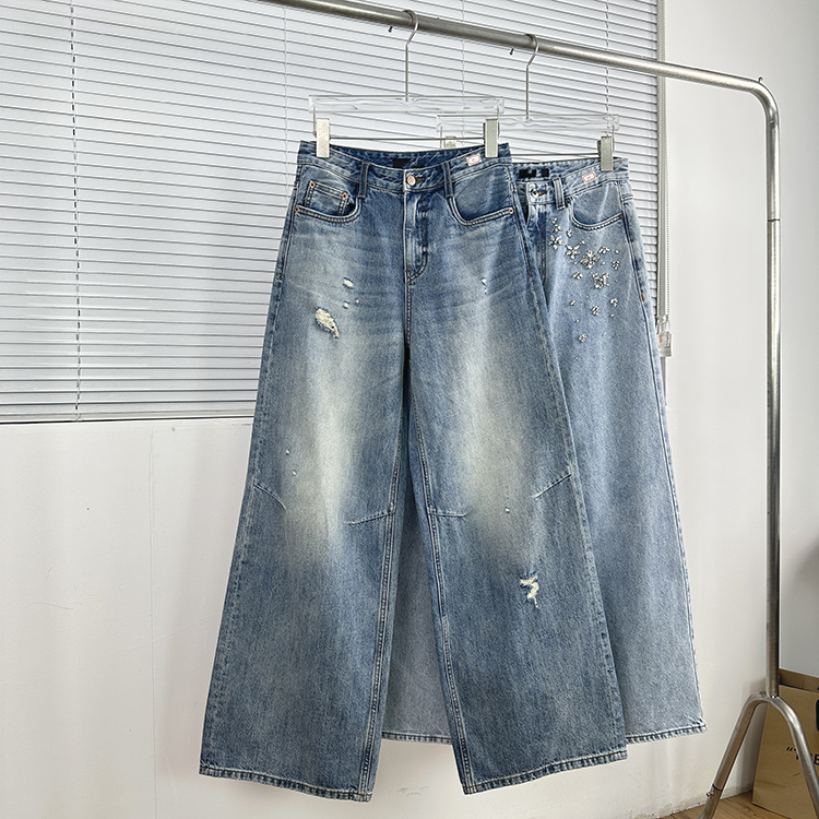 丽家swan*ory 上身效果chao好看阔腿裤！做旧水洗磨破高腰牛仔裤