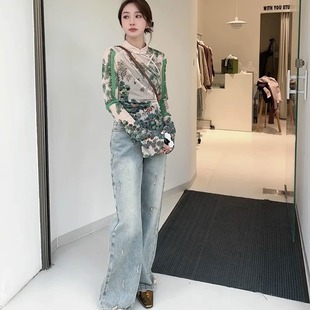 南油高端货@多点磨烂前卫设计微喇裤 韩系百搭水洗做旧高腰牛仔裤