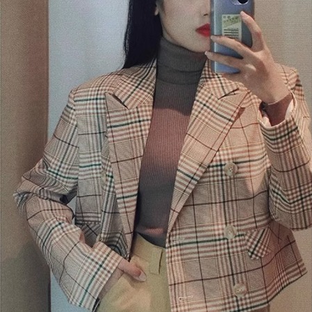 包邮 剪R@墙推小个子格子时髦短款单西 韩系日常通勤复古西装外套