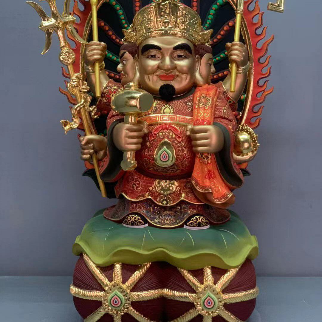 木雕三面大黑天财神爷供佛神像居家装饰雕刻摆件东密佛像