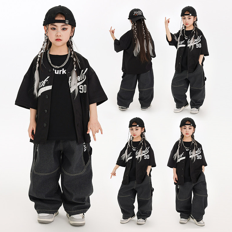 迪克家儿童街舞潮服嘻哈风hiphop童装男童炸街套装女童短袖棒球服