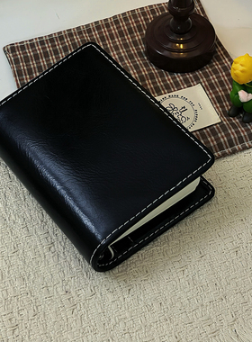 现货A8/A7/A6真皮黑色油蜡手账本无扣设计两折窄版贴边活页本